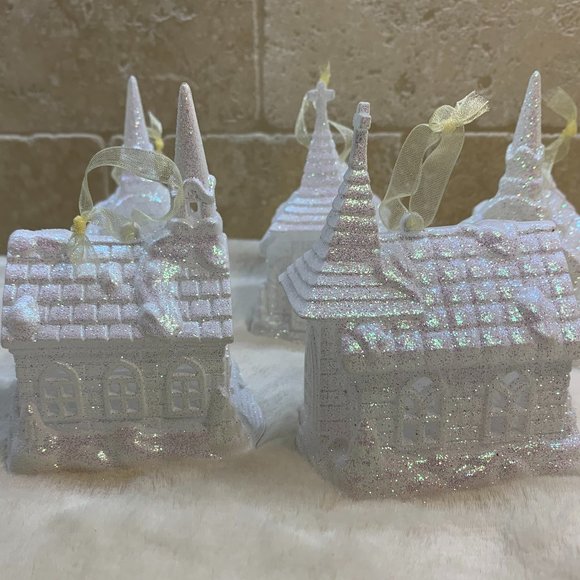 Set of 5 White Glitter Church Ornaments - set 1 - Picture 2 of 5